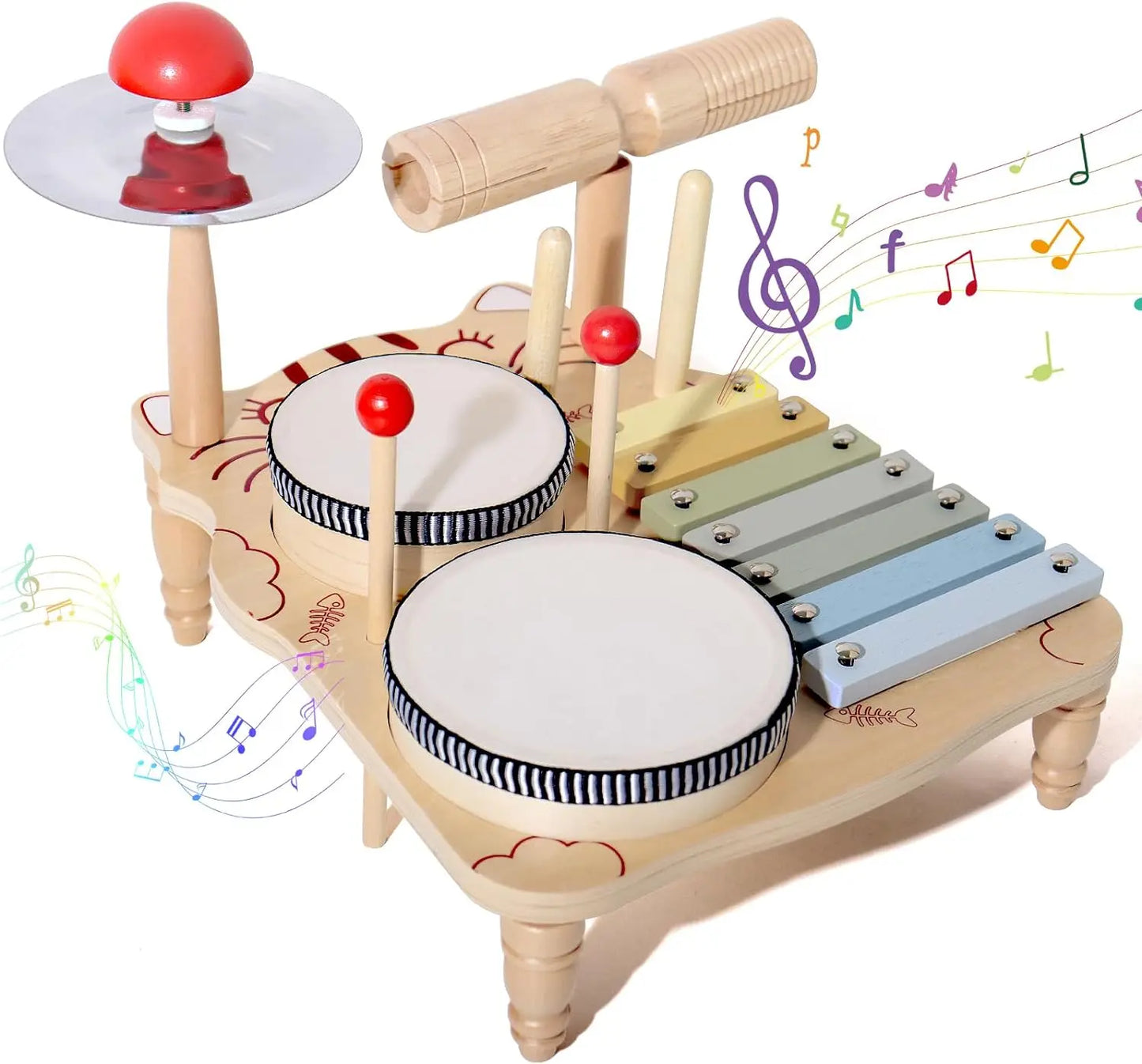 Holz-Xylophon-Drum-Set für Kleinkinder, Montessori-Musikinstrumente für Babys, Schlagzeug-Percussion-Musikspielzeug