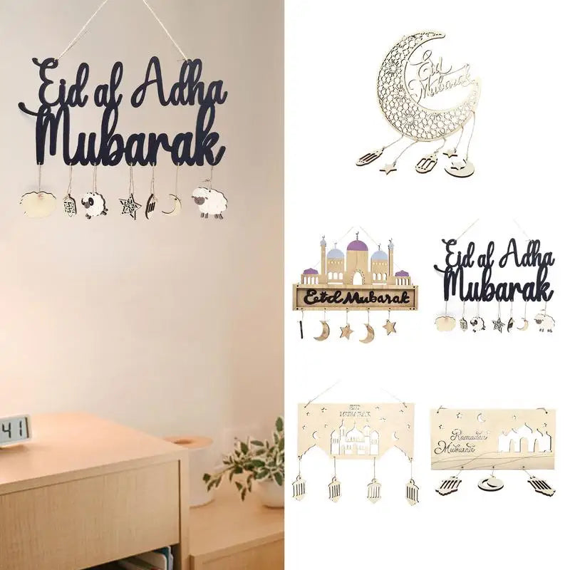 „Elegantes Eid Holzornament – Mond & Stern Anhänger für Festliche Dekoration“