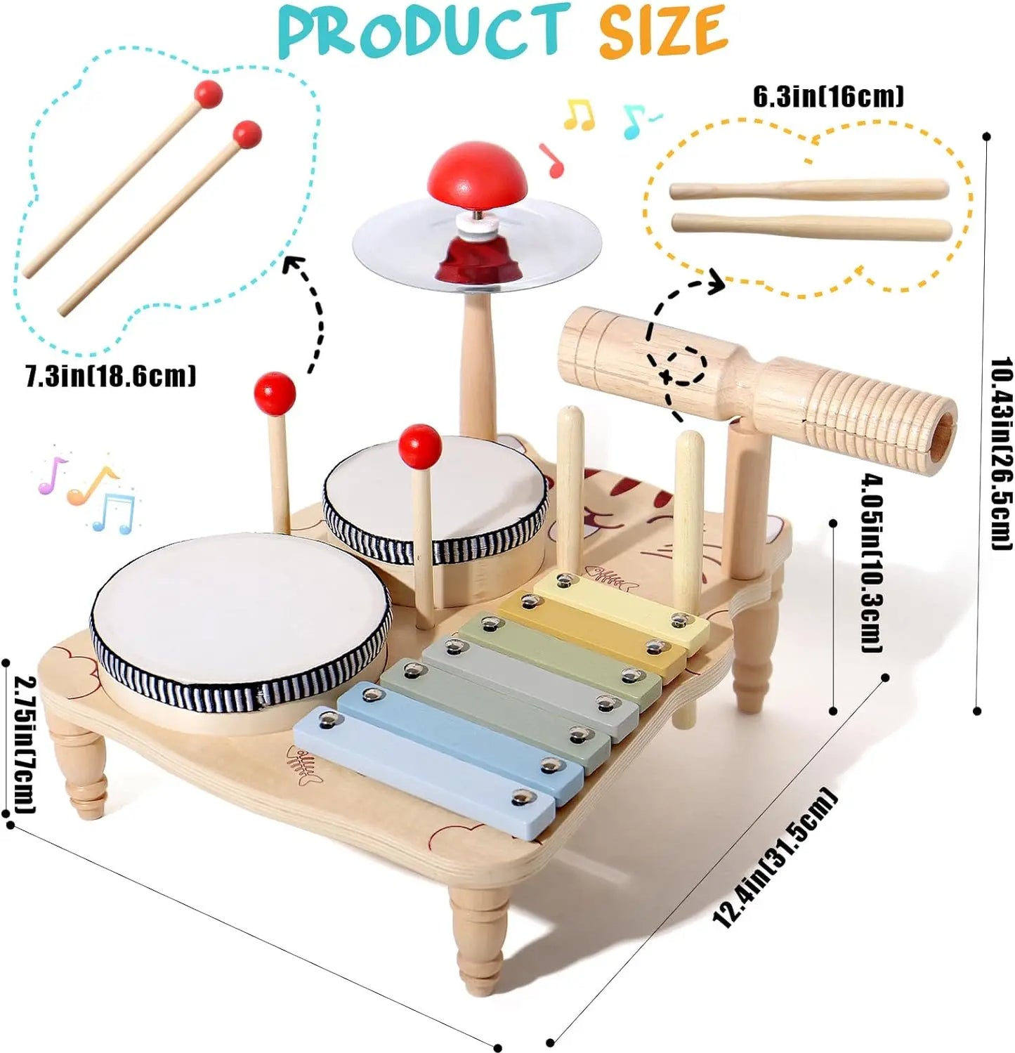 Holz-Xylophon-Drum-Set für Kleinkinder, Montessori-Musikinstrumente für Babys, Schlagzeug-Percussion-Musikspielzeug