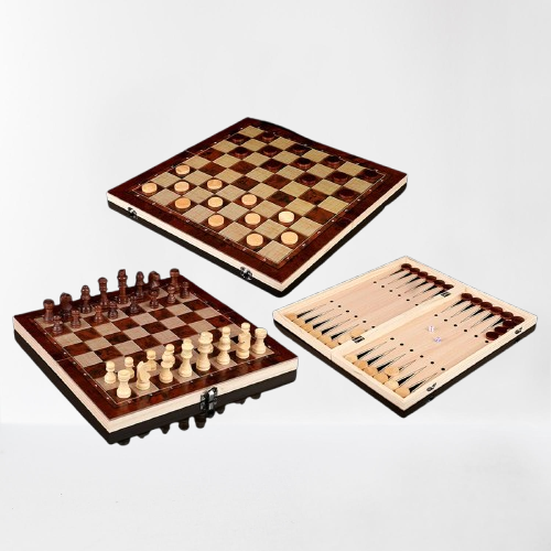 3-in-1 Schachbrett– Klappbares, tragbares Holzbrett für Erwachsene (Schach, Dame und Backgammon).