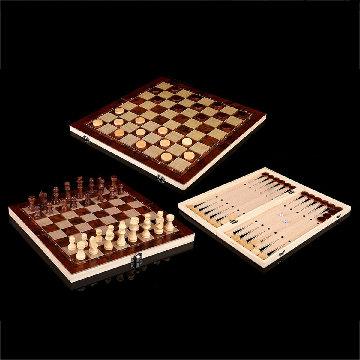 3-in-1 Schachbrett– Klappbares, tragbares Holzbrett für Erwachsene (Schach, Dame und Backgammon).