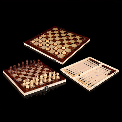 3-in-1 Schachbrett– Klappbares, tragbares Holzbrett für Erwachsene (Schach, Dame und Backgammon).