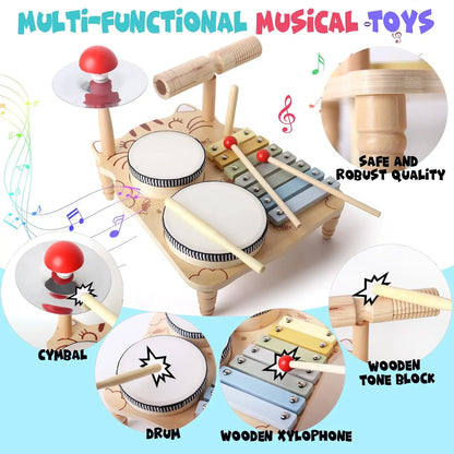 Holz-Xylophon-Drum-Set für Kleinkinder, Montessori-Musikinstrumente für Babys, Schlagzeug-Percussion-Musikspielzeug