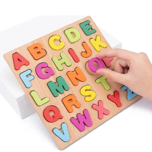 3D Farbenfrohes Alphabet- und Zahlenpuzzle – Montessori Holzpuzzle, Zuordnungsspiel, frühe Bildungs-Spielzeuge, Mathematik und Form-Erkennung.