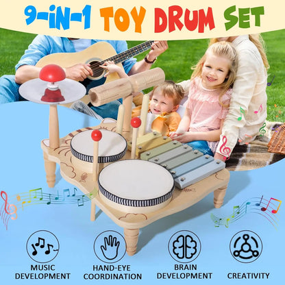 Holz-Xylophon-Drum-Set für Kleinkinder, Montessori-Musikinstrumente für Babys, Schlagzeug-Percussion-Musikspielzeug